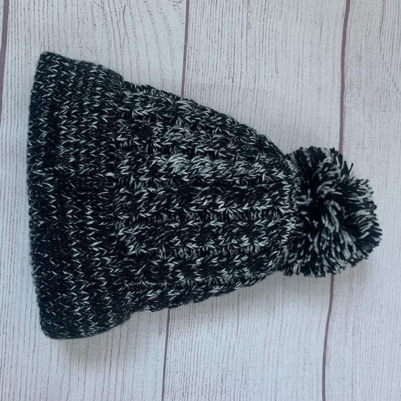 Kids Black and White Stocking Hat with Pom Folded Cuff Fleece Interior Small - Picture 5 of 11